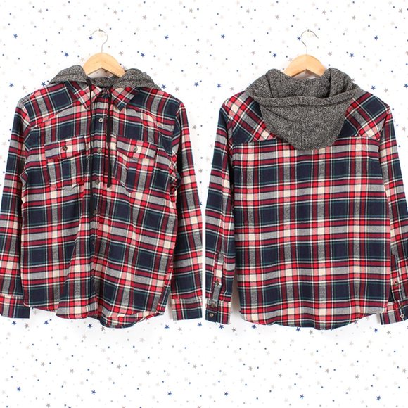 Removable Hood Button Plaid Shirt Taupe Red Navy - Picture 1 of 7
